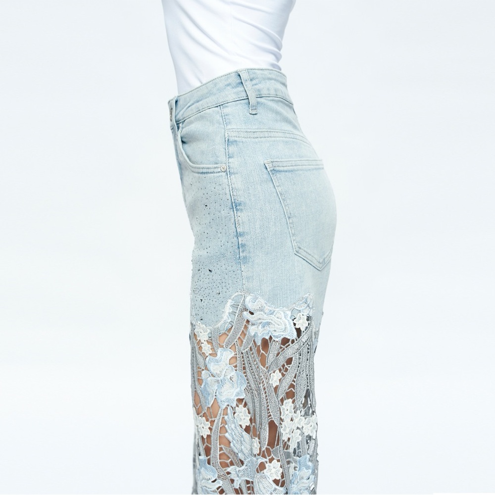 Light Blue Lace Rhinestone High Rise Wide Leg Jeans - Picture 7 of 10